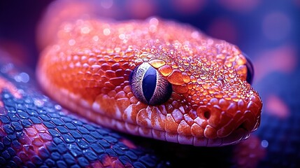 Fototapeta premium A photo of a close-up snake's head with water droplets on its skin against a purple background