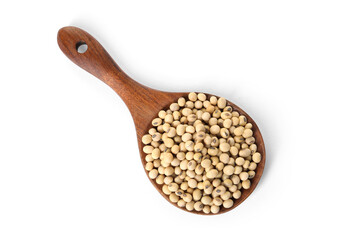Spoon with soy beans isolated on white, top view