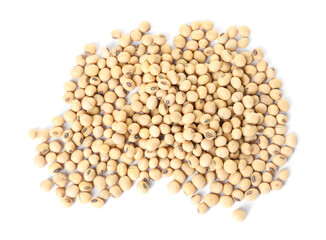 Many raw soy beans isolated on white, top view