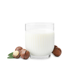 Glass of macadamia milk and nuts isolated on white