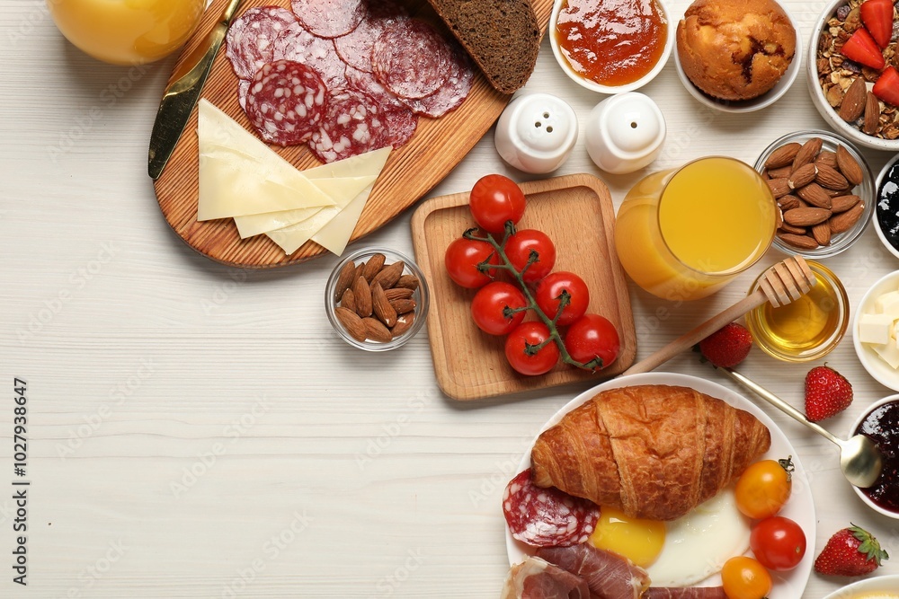 Canvas Prints Different tasty food served for brunch on white wooden table, flat lay. Space for text