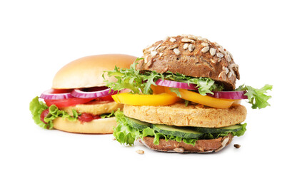 Delicious vegan burgers with chickpea cutlet isolated on white