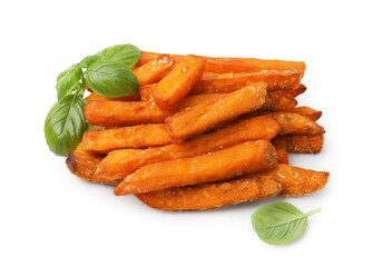 Sweet potato fries and basil isolated on white