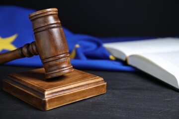 Judge's gavel, book and European Union flag on grey table against black background, closeup. Space...