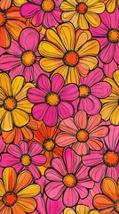   Pink and orange background with yellow center and smaller pink and yellow flowers