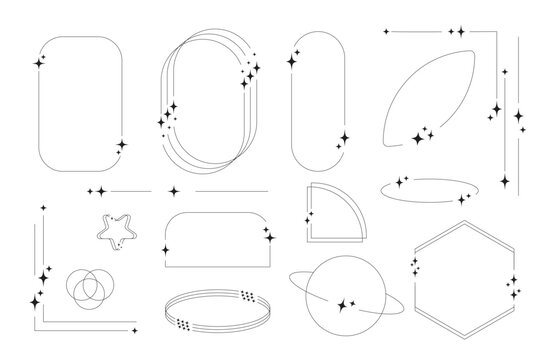 Set of geometric aesthetic abstract line frames and shapes with stars boho brutalism Y2K style