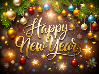 Fototapeta premium Warm and golden New Year's greeting with baubles, stars, and festive lights.