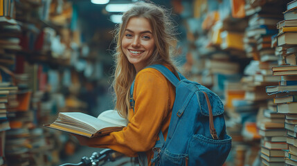 Obraz premium University Library Study: Portrait of a Smart Beautiful Caucasian Girl Holding Study Text Books Smiling Looking at Camera. Authentic Student Does Research for Class Assignment, Exams Preparationtion