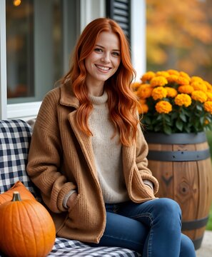 Cozy autumn scene with happy redhead woman on a porch bench, thanksgiving, halloween