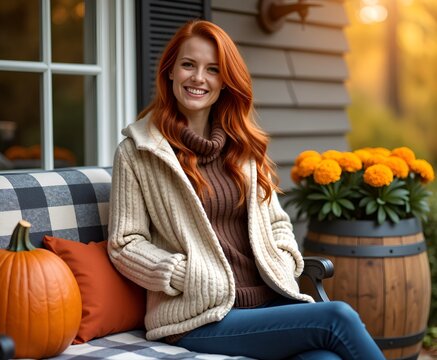 Cozy autumn scene with happy redhead woman on a porch bench, thanksgiving, halloween