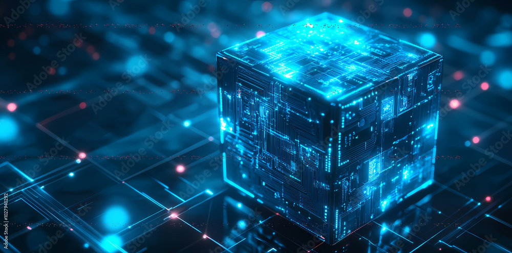 Poster a futuristic cube with circuit patterns glowing in blue, representing advanced technology and data f