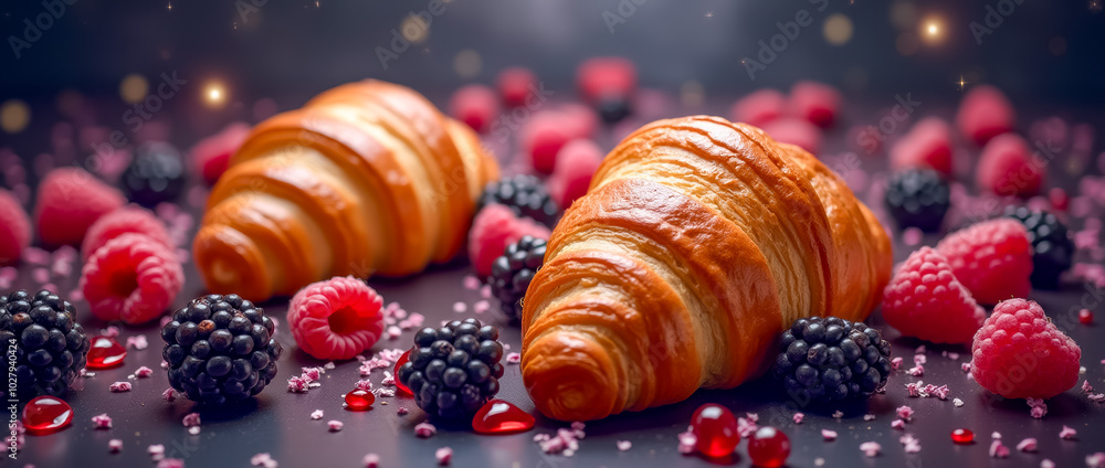 Wall mural golden croissants are artfully arranged with vibrant raspberries and blackberries scattered around, 