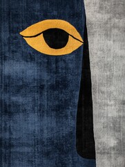 Fototapeta premium A striking abstract design showcases a large eye in yellow against a dark blue backdrop, complemented by a soft gray area