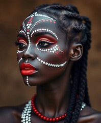 Close-up portrait of a woman with intricate face paint and tribal jewelry. The vibrant red and white design complements her elegant presence, highlighting cultural identity and artistic expression.

