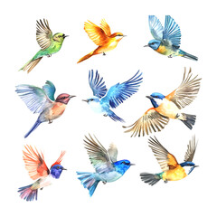 Obraz premium Flying bird illustrations in watercolor with soft textures and vibrant hues for artwork