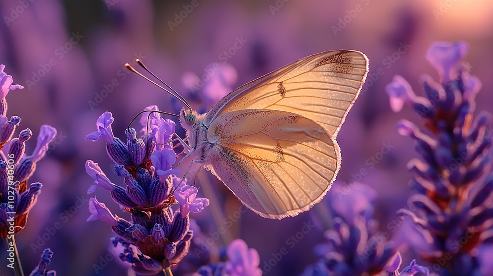 Sticker   Close-up of a butterfly on a purple flower with a blurry background of purple flowers