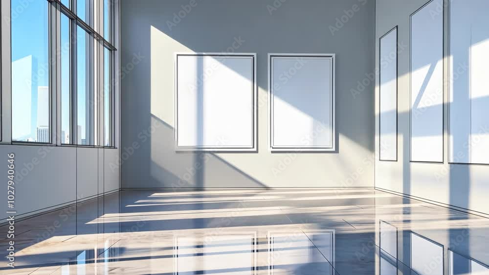 Poster sunlight streams through large windows into a spacious room with a marble floor and three blank fram