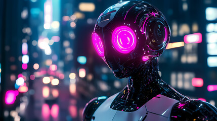 Fototapeta premium Photo of a sleek robot with glowing pink eyes and a white body, standing in front of a city skyline at night. Web banner with copy space on the left side for the text 