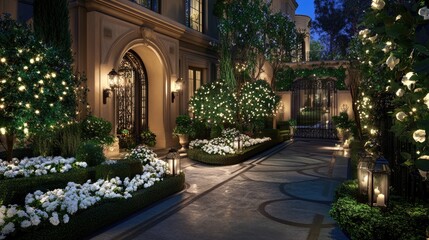 Fototapeta premium A welcoming home features a stone walkway illuminated by lanterns, surrounded by greenery and white flowers, creating an inviting atmosphere at dusk.