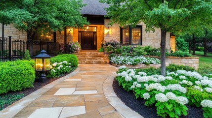 A welcoming home features a stone walkway illuminated by lanterns, surrounded by greenery and white flowers, creating an inviting atmosphere at dusk.