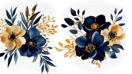 A watercolor painting of blue and gold flowers on a white background