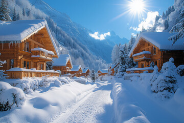 Dans un paysage alpin d'hiver, un chalet en bois enneig&eacute; se dresse majestueusement parmi les arbres, entour&eacute; de montagnes, offrant un refuge chaleureux pour les amateurs de ski dans un village suisse 