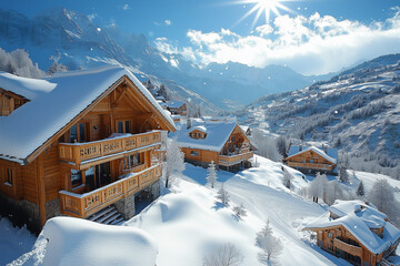 Dans un paysage hivernal des Alpes, un charmant chalet en bois enneig&eacute; se dresse au milieu des montagnes, entour&eacute; d'arbres, &eacute;voquant la magie de No&euml;l dans un village suisse pittoresque.
