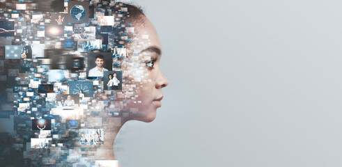 Creative ideas, knowledge and skills of person in social network. Profile african american girl overlap a lot of photos, isolated on gray background © Prostock-studio
