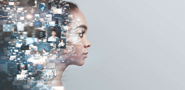 Creative ideas, knowledge and skills of person in social network. Profile african american girl overlap a lot of photos, isolated on gray background