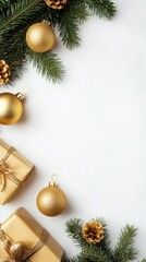 Christmas 2025 top view showcasing festive decorations and golden accents, ideal for holiday layouts and designs.