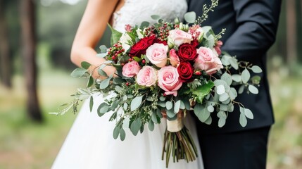 Standing on green grass by a vintage countryside manor, the bride holds a unique wedding bouquet of dark red and pink flowers as the groom stands close in stylish attire