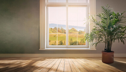 Sunlit room with a view of a serene landscape through a window