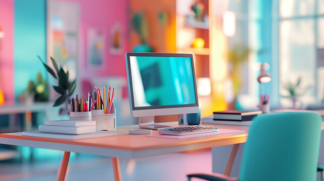 A computer desk with a monitor, keyboard, and mouse. The desk is in a brightly lit room with colorful walls and a green chair. The desk is cluttered with various items such as books, a cup, and a vase