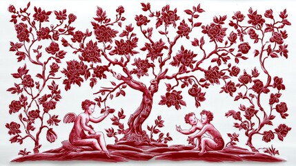 Whimsical Cherubs in Red Toile Pattern