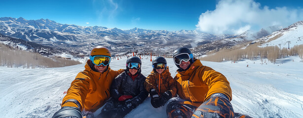 Un groupe d'amis profite d'une journée de ski en montagne, riant et s'amusant dans la neige, célébrant l'hiver actif et les vacances en plein air.