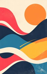 Dynamic Composition of Colorful Geometric Shapes and Wavy Lines on an Off-White Background, Perfect for Business Art and Graphic Design Projects.