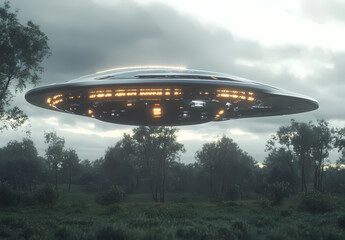 Obraz premium UFO flying saucer spacecraft with lights over an Earth background Generative AI .