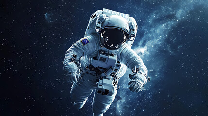 An astronaut floating in space with a nebula background, full-body shot, panoramic view, photorealistic, cinematic. Generative AI .