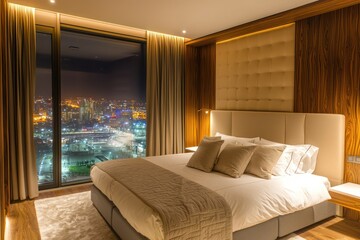 Warmly lit bedroom with wooden panels, a white and grey bed, beige headboard, and a stunning view of the city at night, in  ratio