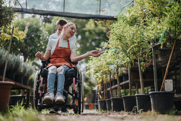 A joyful moment captured with a woman in a wheelchair and a man with Down syndrome enjoying...