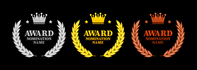 Award Nomination Name Badges with gold, silver and bronze crown. 1st, 2st and 3st place on competition or championship. Winner shield isolated on white background. Vector illustration.