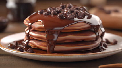 A stack of chocolate pancakes with chocolate sauce and chocolate chips on top. The pancakes are piled high on a white plate, and the chocolate sauce and chocolate chips add a delicious