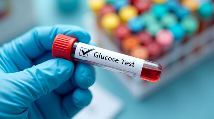 Obraz premium Close-up of a gloved hand holding a blood sample labeled Glucose Test in a laboratory setting. Glucose Test Sample Held by Gloved Hand in the Medical Laboratory Analysis