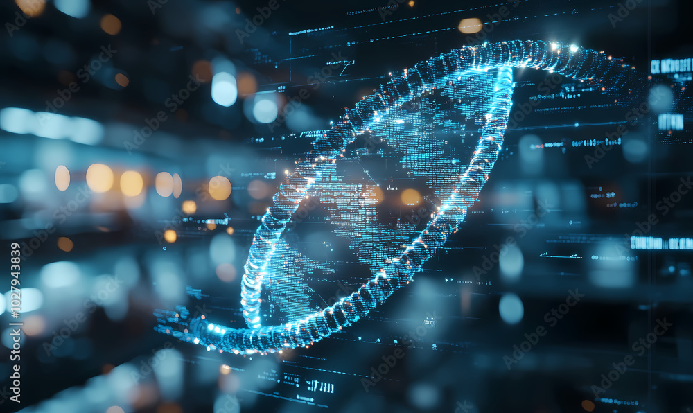 Aufkleber digital double helix with dna strands and a digital globe, symbolizing advanced biotechnology in a s