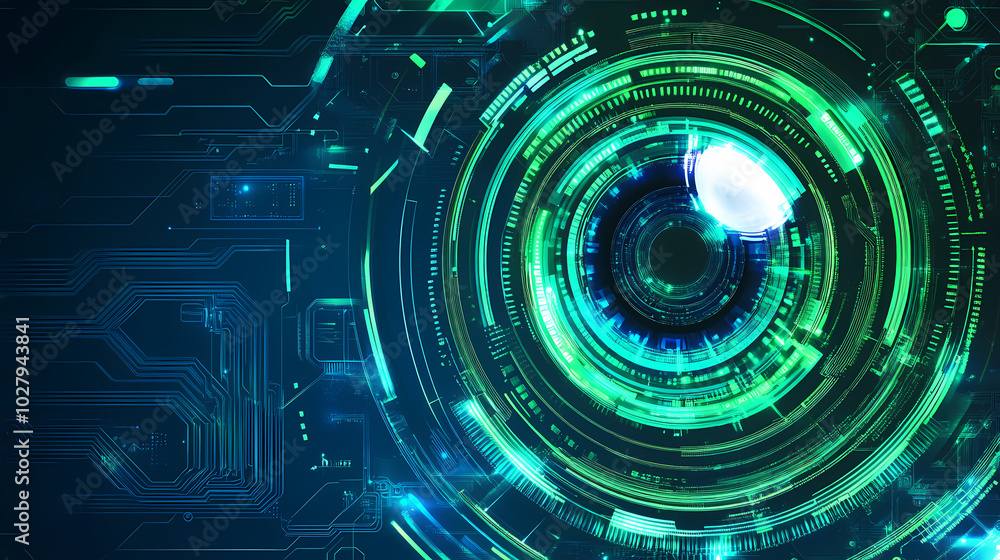 Poster abstract futuristic background with glowing green and blue circuit board patterns, a digital eye or 