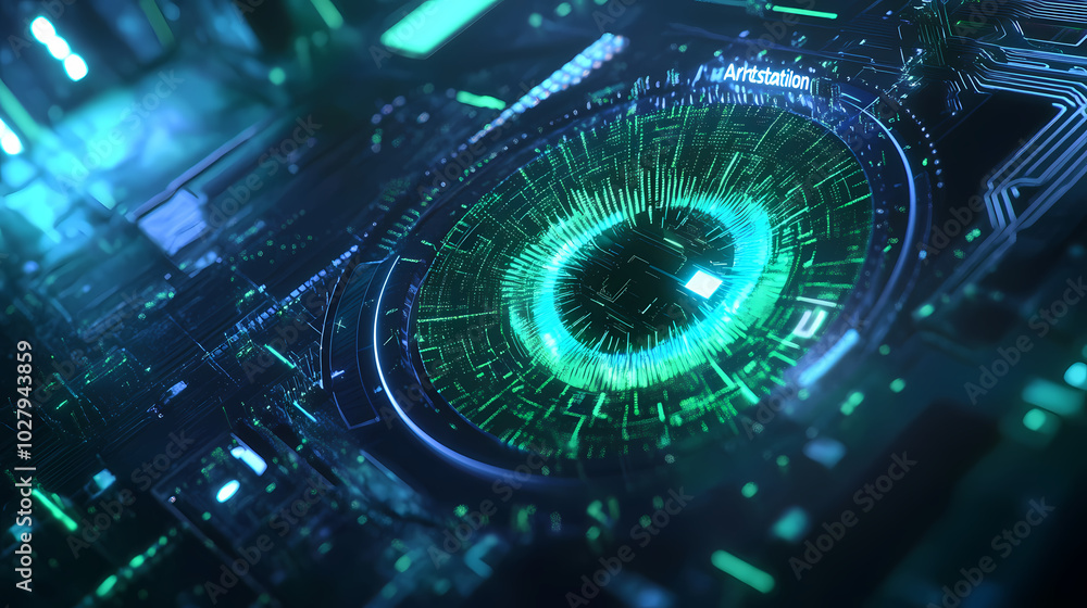 Poster abstract futuristic high-tech background with a green glowing circuit board and a digital eye in the