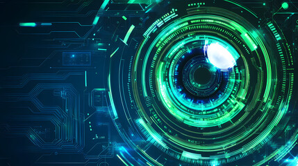 Fototapeta premium Abstract futuristic background with glowing green and blue circuit board patterns, a digital eye or panoramic view in the center of a circle for a high-tech concept design vector illus Generative AI .