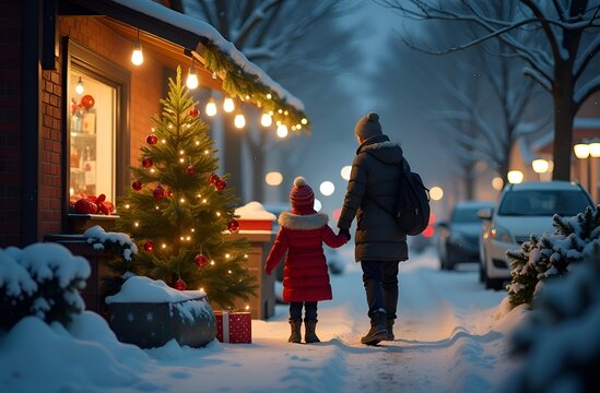 People on a snowy road, mother and daughter walking along a decorated street with a Christmas tree, a woman and a child under the snowfall