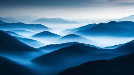 Fototapeta premium Mountain range misty peaks bathed dawn light vignetting clouds cinematic landscape. AI generated