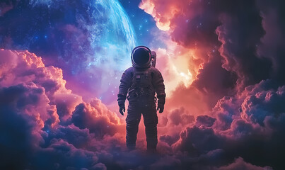  Astronaut standing on the planet Earth with colorful clouds and space background, science fiction style, astronaut character concept, fantasy art, sci-fi movie poster, space explorati Generative AI .
